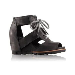 Sorel Joanie Lace Wedge Sandal | Black/Sea Salt | Size 6 | GUC